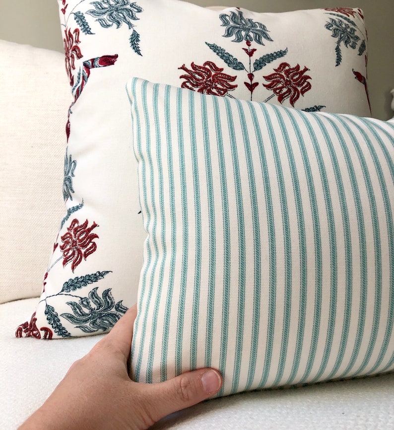 Aqua Lumbar Pillow Cover 12x20 Pillow Coverturquoise Ticking Etsy