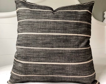 Charcoal Gray Striped Pillow Cover: Woven Cotton Blend, Linen Back