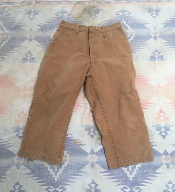 1970s Khaki Canvas Hunting Pants W30