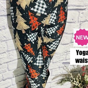 Best Leggings, NEW OS/TC Womens Christmas Leggings, Plaid Christmas Tree Leggings, Holiday Print Yoga Pants, Black/Red/White