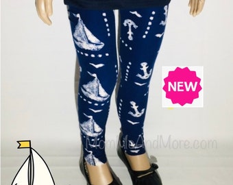 Best Leggings, NEW Girls S/L Boat Anchor Nautical Leggings, Kids School Yoga Pants, Blue White Footless Tights, Mom and Me Leggings