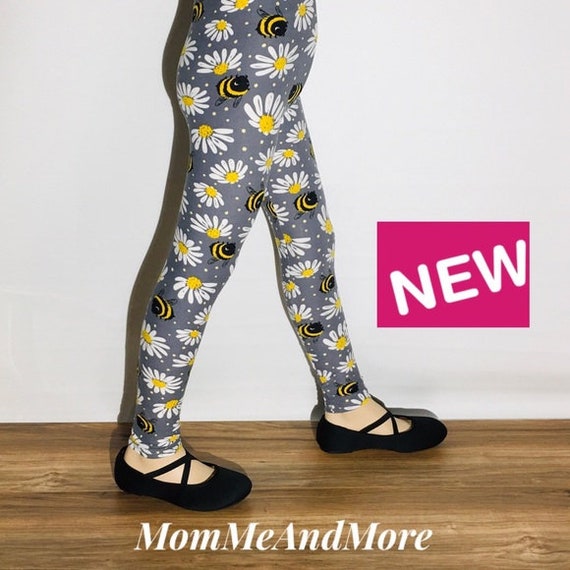 NEW Girls S/L Bee Daisy Print Leggings, Kids Yoga Pants, Footless Tights,  Gray/yellow, Mom and Me Leggings 