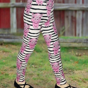 Girls Pig Leggings - High Waisted - Buttery Soft Yoga Pants - Gift For Kids - Farm Animal Leggings - Pink/White