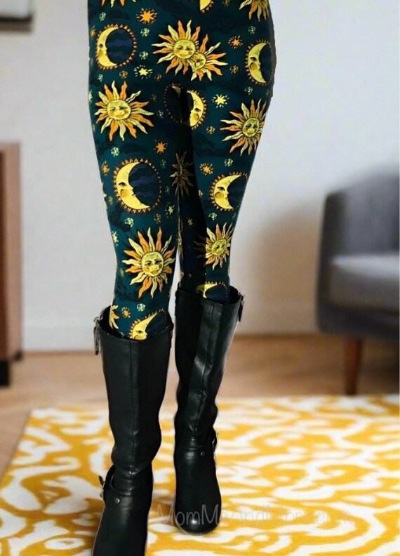 NEW Womens Sun Moon Star Leggings Celestial Leggings Yoga Waist Pants Footless Tights Blue yellow Mom and Me Leggings Sizes OS PLUS Etsy