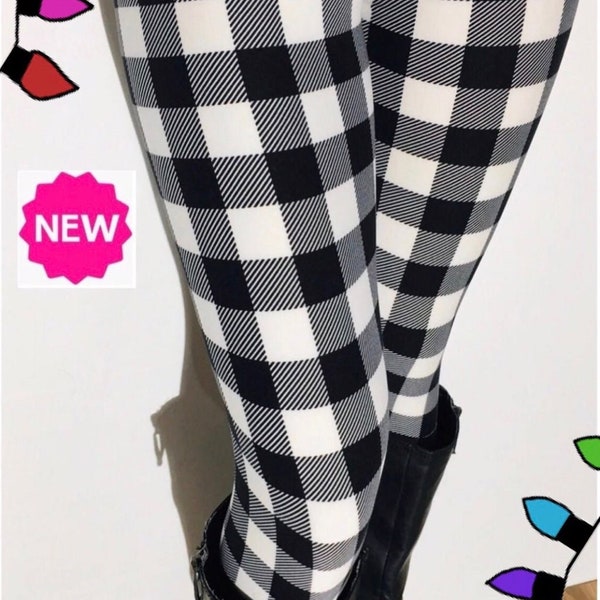 NEW OS/PLUS Womens Plaid Christmas Leggings, Gingham Check Print Soft Yoga Pants, Black/White, Mommy and Me Leggings