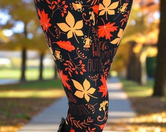 NEW Womens Thanksgiving Fall Leaf Leggings Hello Autumn Oak Leaf Leggings Soft Yoga Pants Exclusive Leggings Black Orange OS TC