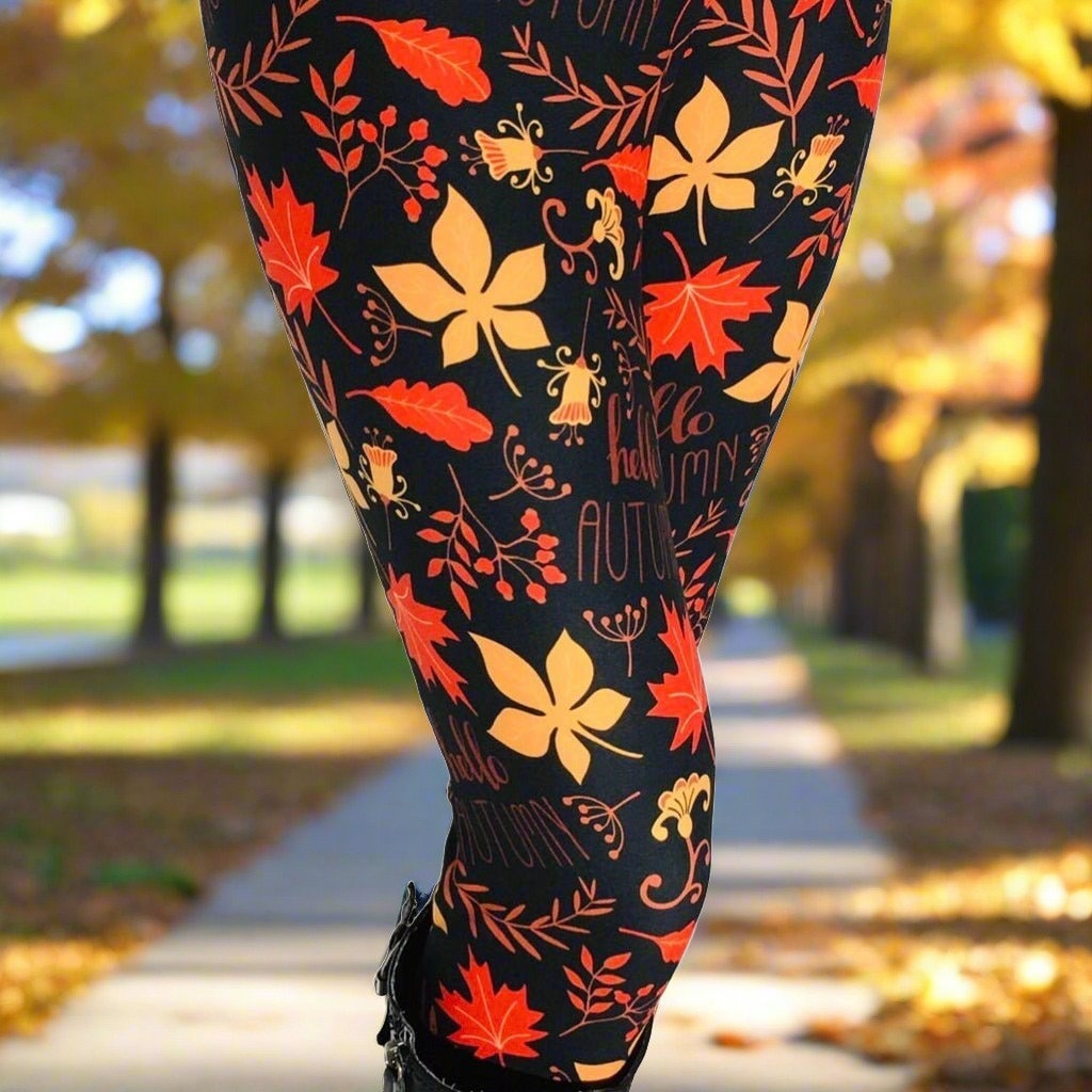 NEW Womens Thanksgiving Fall Leaf Leggings Hello Autumn Oak Leaf Leggings Soft Yoga Pants Exclusive Leggings Black orange OS TC Etsy