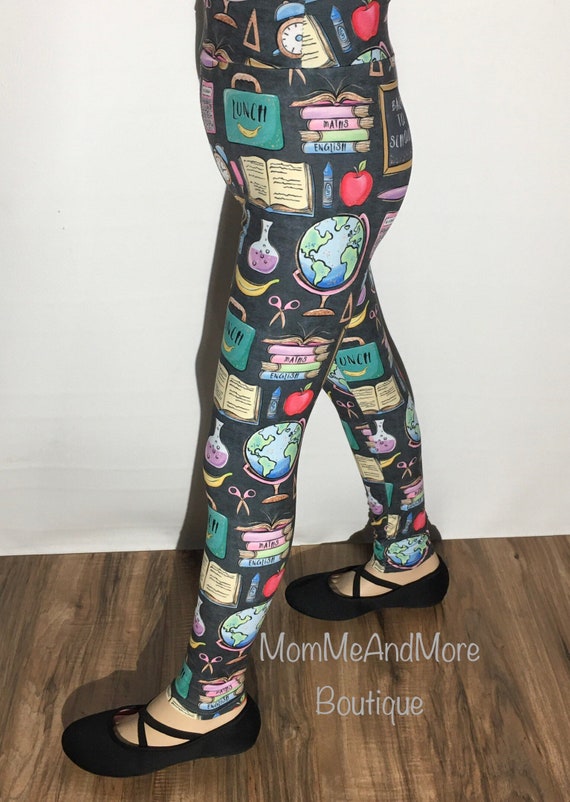 NEW Girls S/L Back to School Printed Leggings, Kids School Yoga Pants, Gray  Footless Tights, Mom and Me Leggings 