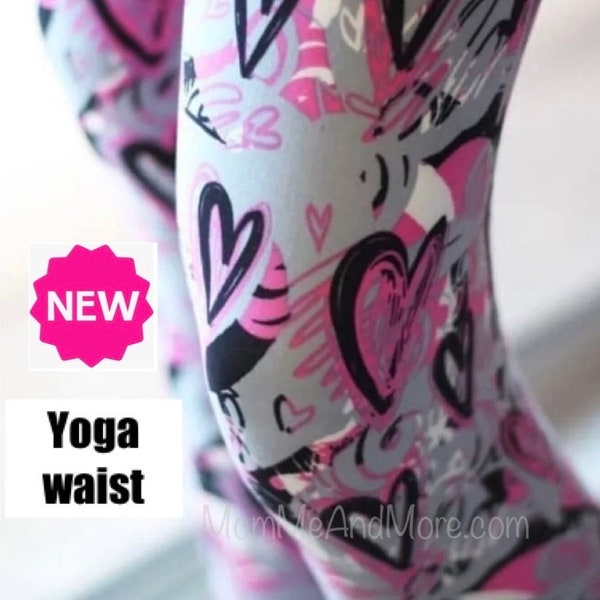 NEW OS/PLUS Womens Valentines Day Leggings, Graphic Heart Leggings, Soft Yoga Waist Pants, Pink/Gray, Mom and Me Leggings