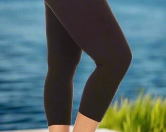 NEW Womens Best Black Capri Leggings Exclusive Leggings Solid Black Crop Pants Soft Yoga Waist Leggings Solid Black Sizes OS TC