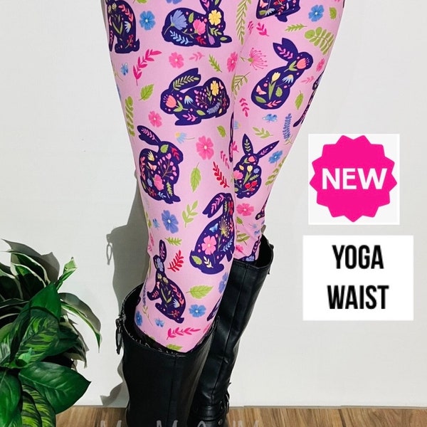 NEW OS/TC/ Womens Easter Leggings, Easter Bunny Spring Flowers Leggings, Exclusive Leggings, Soft Yoga Pants, Purple/Multi