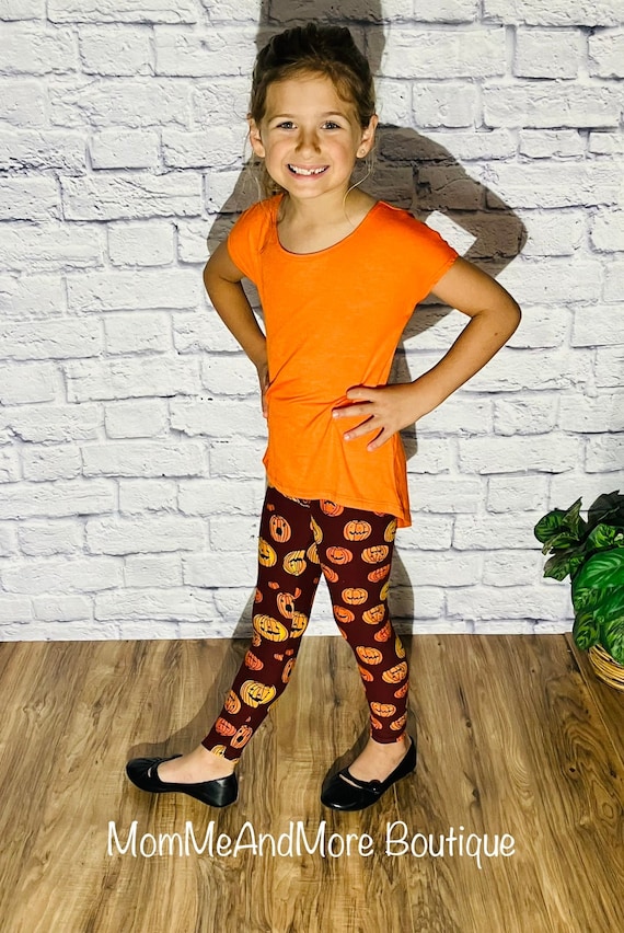 NEW Girls Thanksgiving Leggings, Kids Fall Pumpkin Leggings, Soft Yoga Pants,  Orange, S/L 