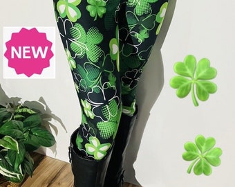 NEW OS/TC/ Womens St Patrick Day Leggings, Shamrock Clover Legging, Exclusive Leggings, Soft Yoga Pants, Green/Black