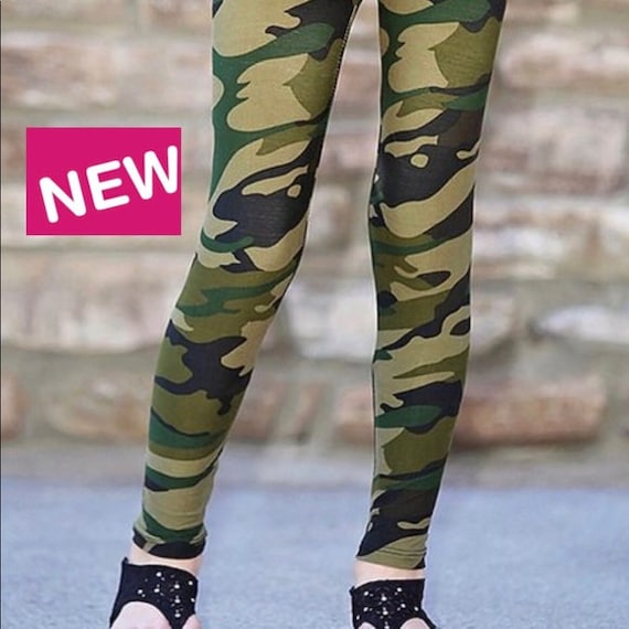 NEW Girls S/L Green Camouflage Leggings, Kids School Yoga Pants, Army Green  Footless Tights, Mom and Me Leggings 