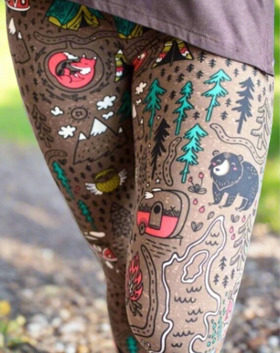 NEW Womens Camper Bear Fox Owl Leggings Soft Yoga Pants Athletic Tights Brown multi Size OS PLUS Mom and Me Leggings Etsy