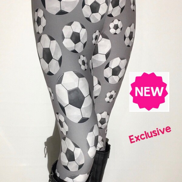 Best Leggings, NEW OS/TC Womens Soccer Ball Leggings, Sport Printed Leggings, Exclusive Leggings, Gray/White, Mom and Me Leggings