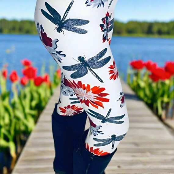 NEW Womens Dragonfly Leggings Spring Leggings Soft Yoga Waist Pants Cream red gray Mom and Me Leggings Sizes OS PLUS Etsy