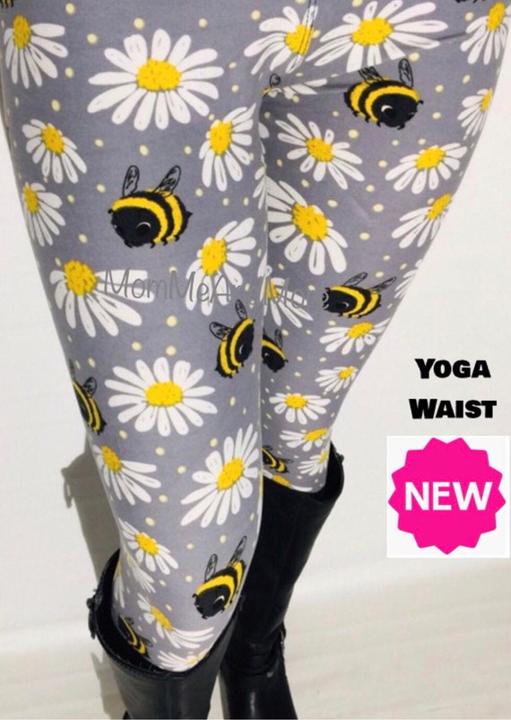 NEW OS/PLUS Womens Bee Daisy Leggings, Soft Yoga Pants, Gray