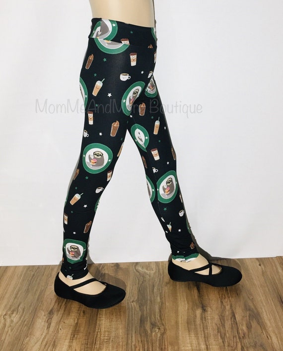 NEW Girls Sloth Coffee Donut Print Leggings, Kids School Yoga Pants, Black  Green Footless Tights, S/L, Mommy and Me Leggings 