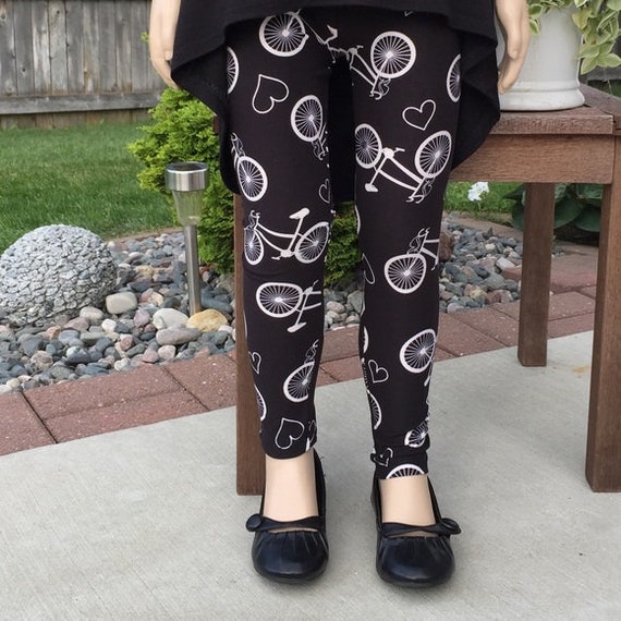 NEW Girls S/L Bike Heart Printed Leggings, Kids School Yoga Pants, Black  White Footless Tights, Mom and Me Leggings 