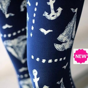 NEW Womens OS/PLUS Boat Leggings, Nautical Anchor Ocean Print Yoga Waist Leggings, Soft Yoga Pants, Blue/White, Mom and Me Leggings