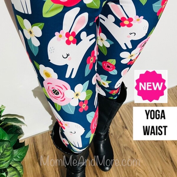 NEW OS/TC/ Womens Easter Leggings, Easter Bunny Pink Flowers Leggings, Exclusive Leggings, Soft Yoga Pants, Blue/Pink, Mom and Me Leggings