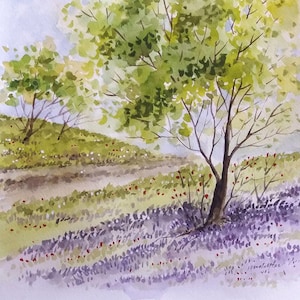 Spring Landscape. Bluebell Wood. Bluebell Field. Original Watercolor Painting image 1