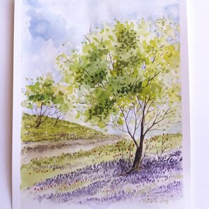 Spring Landscape. Bluebell Wood. Bluebell Field. Original Watercolor Painting image 3