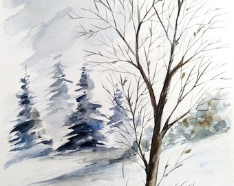 Original Watercolor Painting - Winter Landscape - Bare Tree - Winter Evergreen - Danish Nature Wall Art Decor.