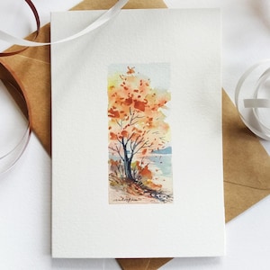Carte peinte à la main. Carte de paysage d'arbre d'automne. Carte de Thanksgiving. Mini peinture de paysage à l'aquarelle.