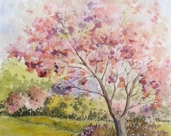 Original watercolor painting. Pink Blossom Tree Spring Landscape. Vertical Painting. Nature Painting. Wall Art