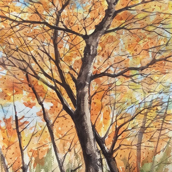 Autumn Trees. Watercolor Autumn Landscape in Vertical Format. Original Watercolor Painting