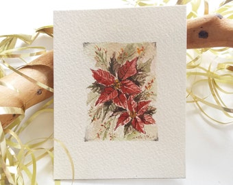Miniature Painting - Christmas Poinsettias, Christmas Flowers, Original watercolor painting, Tiny Watercolor Landscape