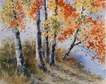 Autumn Birch Trees, Birch Grove, Autumn Landscape, Original Watercolor Painting, Wall Art
