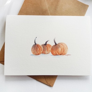 Cartão pintado à mão. Cartão de Ação de Graças. Cartão de Abóboras. Mini Pintura de Paisagem em Aquarela.