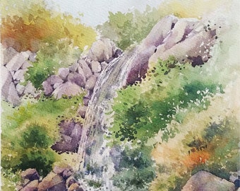 Forest Cascade Waterfall Landscape. Vertical Format Painting. Original Watercolor Painting