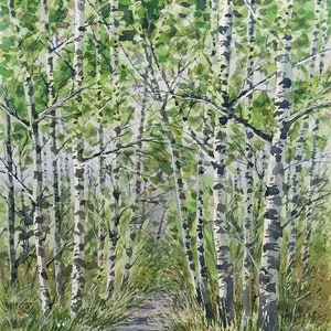 Original Watercolor Painting - Birches Forest Landscape - Birch Forest in Summer - Danish Nature Wall Art Decor. Vertical Format.