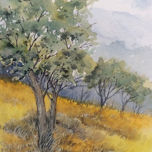 Original watercolor painting. Summer Meadow Trees Landscape. Vertical Format Nature Painting. Wall Art