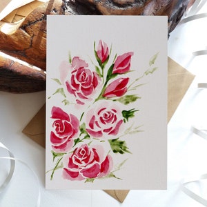 Juego de tarjetas. Tarjeta floral. Tarjetas de felicitación y notas en blanco plegadas con rosas rosadas. Opciones de textura de tarjeta. Originalmente pintadas a mano.