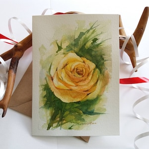 Handgemalte Gelbe Rose Karte. Florale Aquarell Karte. Mini Kunst Gemälde