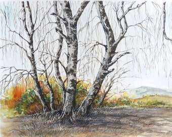 Birch Trees Landscape. Original watercolor painting. Nature Wall Art