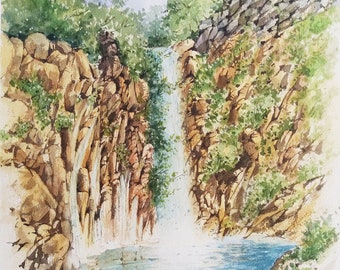 Rocky Waterfall Cascade Landscape. Vertical Format Painting. Original Watercolor Painting. Wall Art