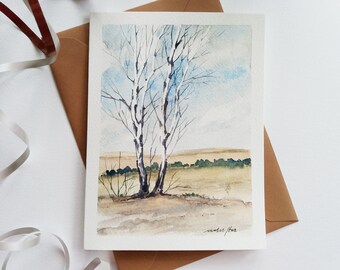 Hand painted card - Birch Trees, Meadow, Landscape, Watercolor Card, Greeting Card, Mini Art Painting