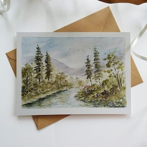 Carte peinte à la main. Paysage de ruisseau. Des arbres. Mini paysage. Carte Aquarelle. Mini tableau d'art