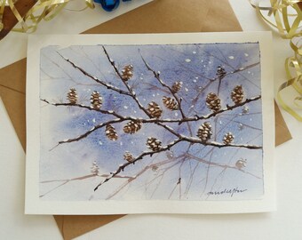 Hand painted Christmas Card - Christmas Cones, Larch Cones, Larch Branches, Snowfall, Christmas Watercolor Card, Mini Art Painting