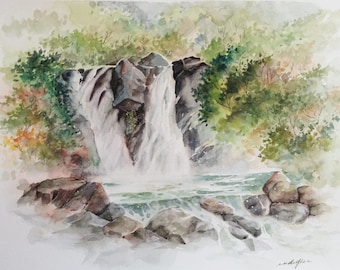 Rocky  , Cascade, Waterscape, Landscape, Original Watercolor Painting