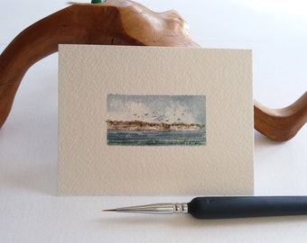 Miniature Painting. White Cliffs. Coastline. Tiny Seascape Painting. Original watercolor painting