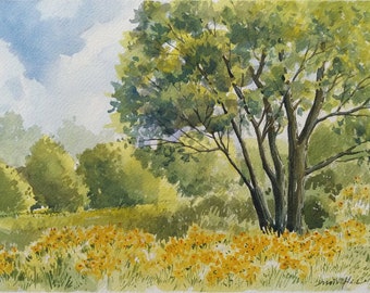 Original watercolor painting. Yellow Blossoms Summer Landscape. Nature Wall Art