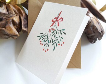 Ribbon Mistletoe Christmas Cards. Card Set. Originally Hand painted. Folded Blank Minimalist Holiday Greeting Note Card.
