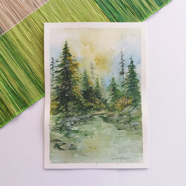 Original Gouache Painting. Stream-side Pine Trees Forest. Earth Tone Landscape.